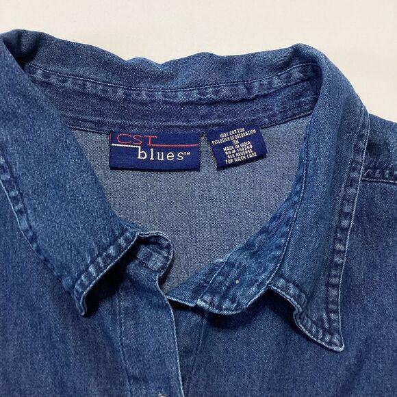 Vintage CST Blues Blue Denim Button-Up Shirt with Floral Embroidery Shells 3X - Picture 6 of 8